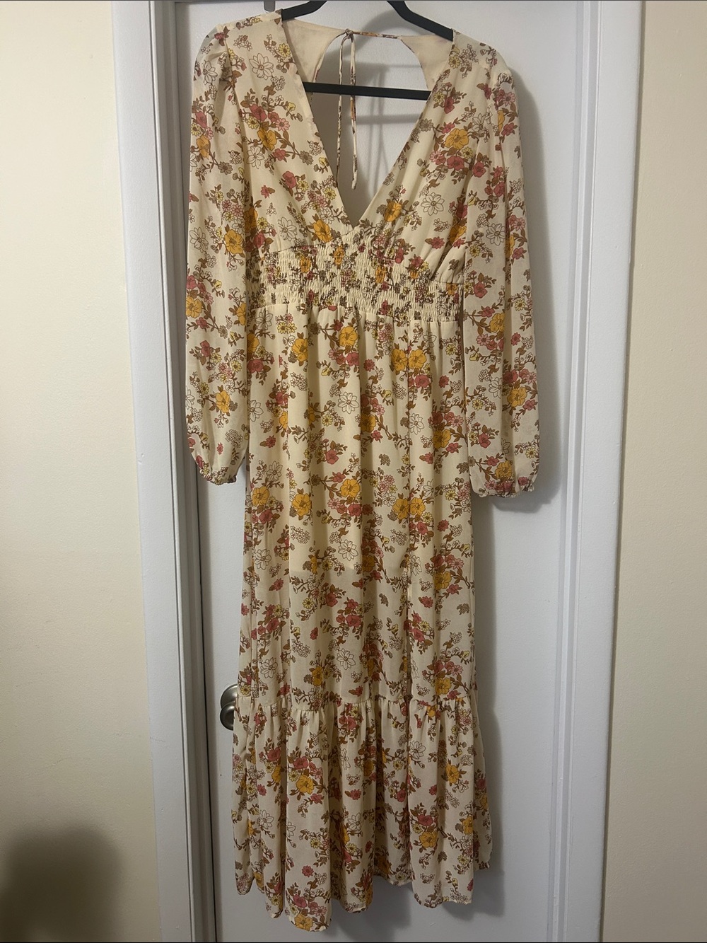 Floral Cream Boho Maxi Dress with Smocked Waist
